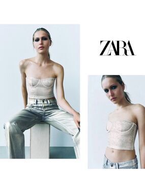 Zara cream champagne sequin corset bustier strapless crop top sparkly Sz S